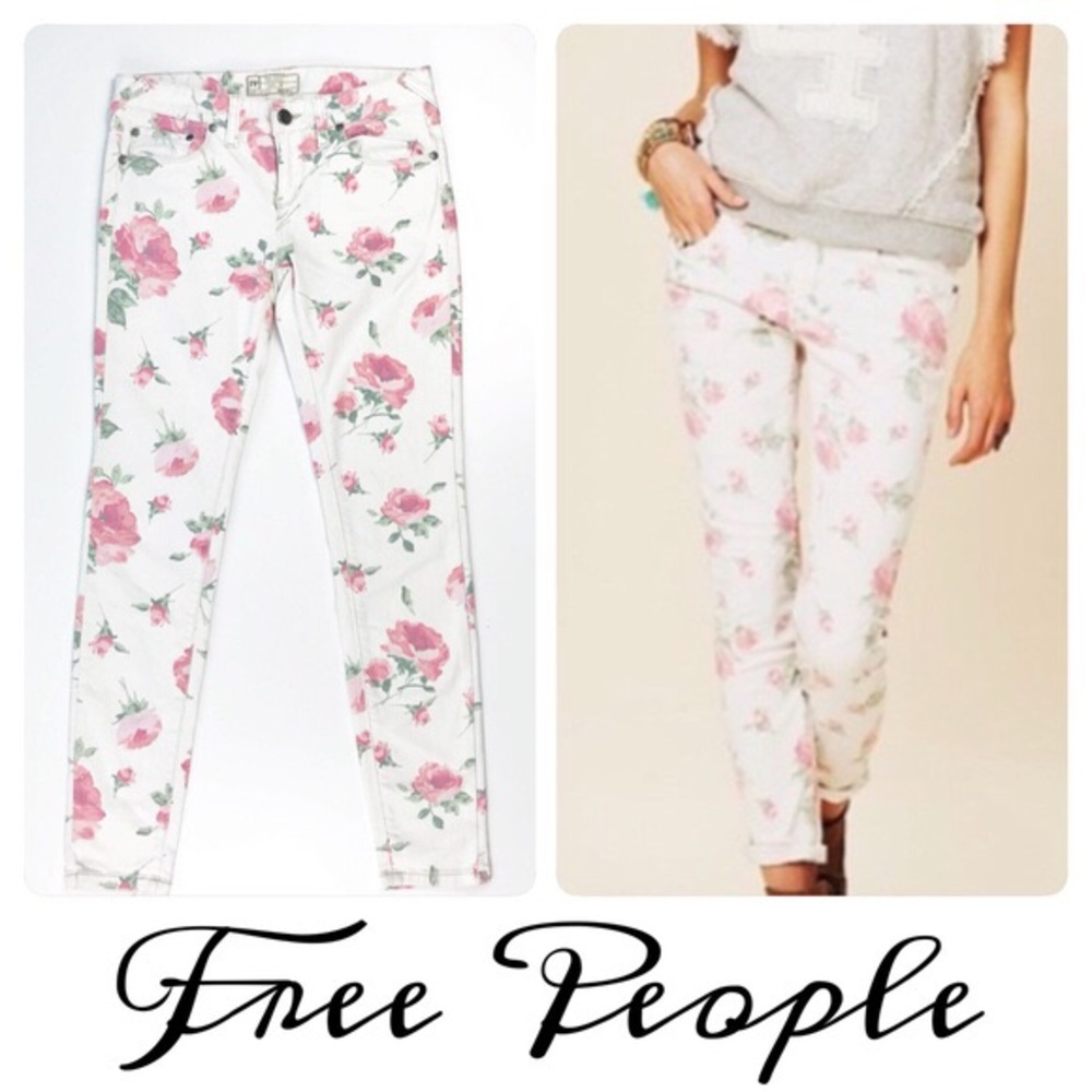 FREE PEOPLE| White Jeans W/ Pink Roses